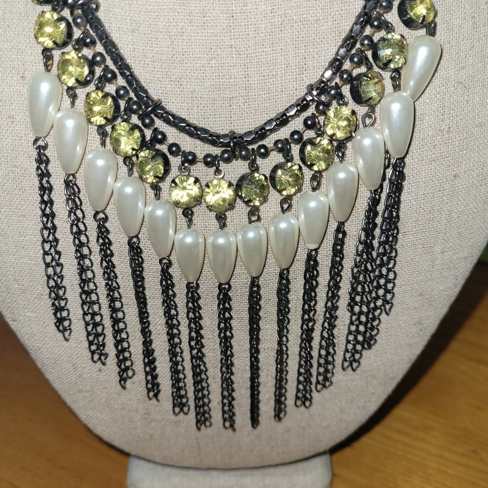 Vintage Gunmetal Bib Necklace Black Faux Pearl Rhinestone Teardrop Chain Fringe